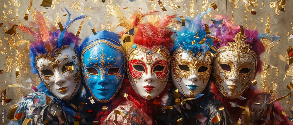 Venetian masks on gold background