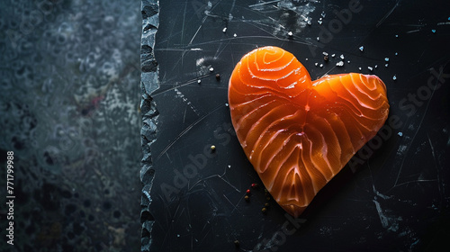 culinary photography of a slice of salmon, in the shape of a heart