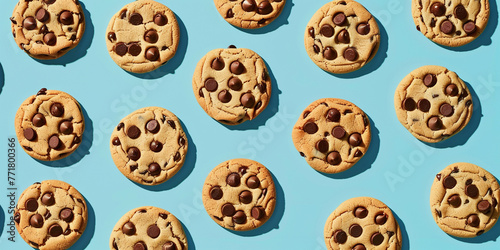 a pattern of many many lots of hundreds of cartoon chocolate chip cookies on a fun background