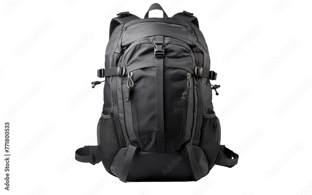 A stylish black backpack stands boldly against a stark white background A stylish black backpack stands boldly against a stark white background