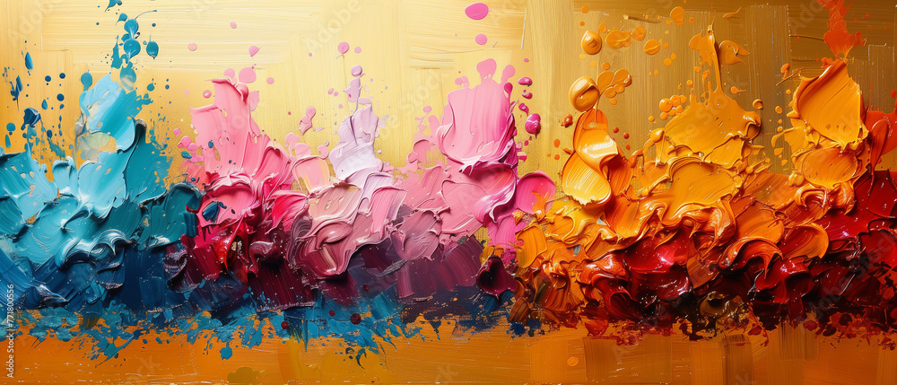 Fototapeta premium Oil colors strokes on golden background - abstract painting