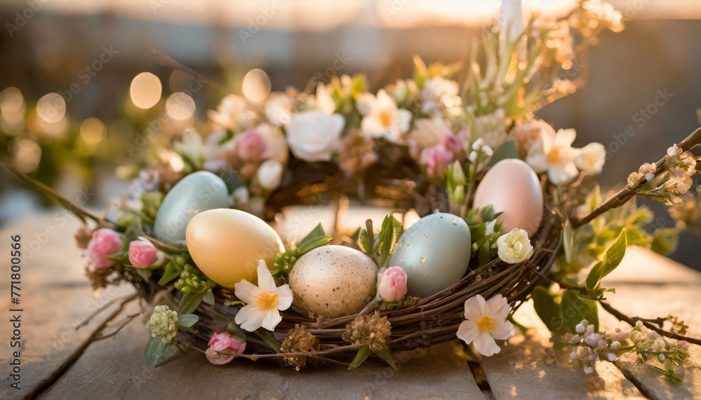 handmade easter wreath with colored eggs and spring flowers creative workshop idea