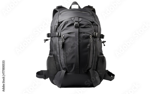 A stylish black backpack stands boldly against a stark white background