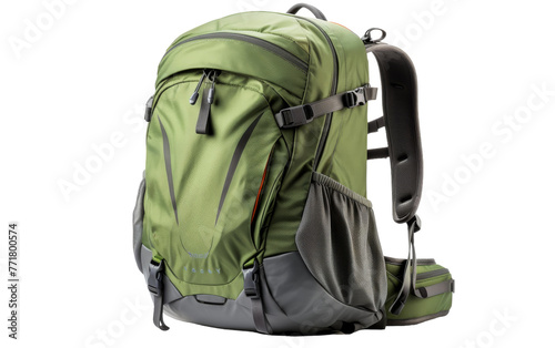 A green backpack with a smaller backpack attached to it, creating an unusual and intriguing sight