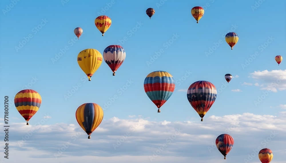 Fototapeta premium colorful balloons aircrafts in the blue sky with clouds over a beautiful country landscape