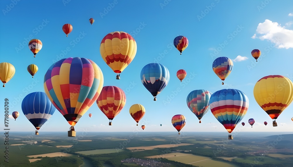Obraz premium colorful balloons aircrafts in the blue sky with clouds over a beautiful country landscape