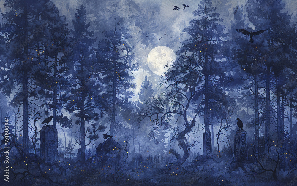 Obraz premium wallpaper showing a dark Nordic forest at night, with ravens and wolves, runestones between the tree
