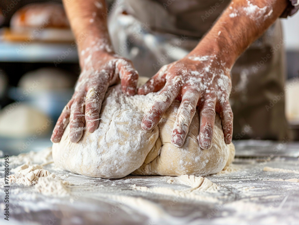 A baker kneads the dough on a floured surface, preparing it for baking fresh bread