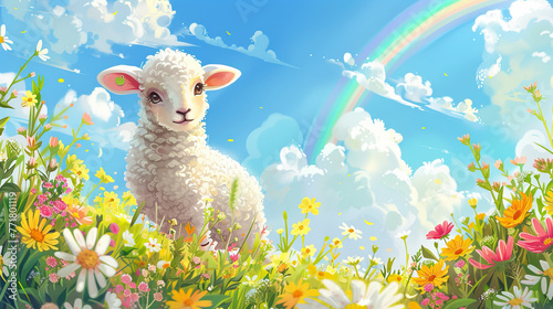 Lamb in Spring Meadow with Rainbow