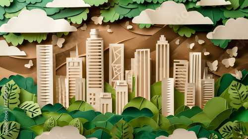 genarate me eco city paper art style brown white green colour photo