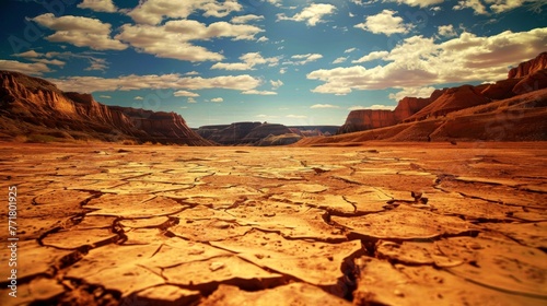 A vast arid desert with cracked earth, distant mountains, blue sky, and white clouds. The cracked earth shows extreme heat and lack of water. Mountains obscured by haze and dust. Harsh desert beauty.
