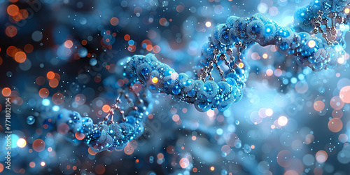 DNA genome structure on light blue and white background with copy space, modern gradient colors, blurred particles effects, graphic lines, minimalist scientific and medical style