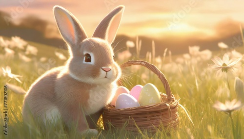 a cute easter cartoon little bunny with an easter egg basket in the grassd illustration photo