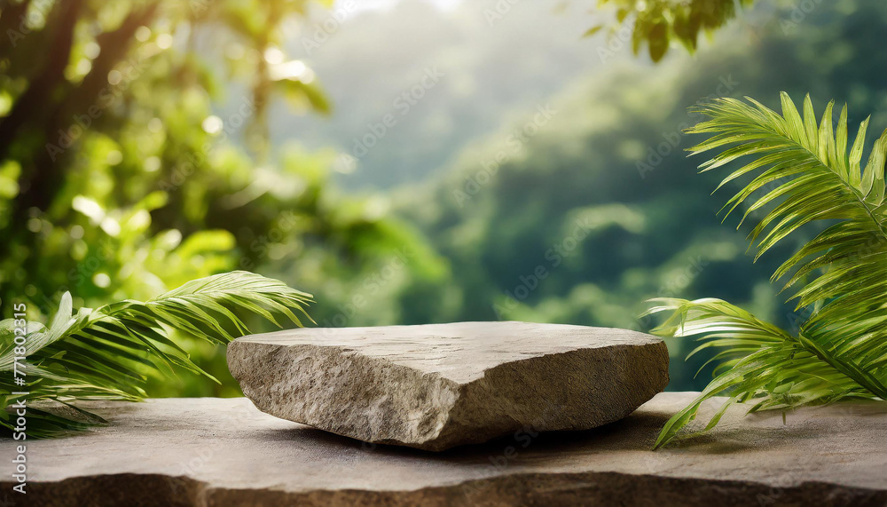 Gray stone podium, table top outdoors with tropical forest. Green leaves. Blurred natural backdrop.