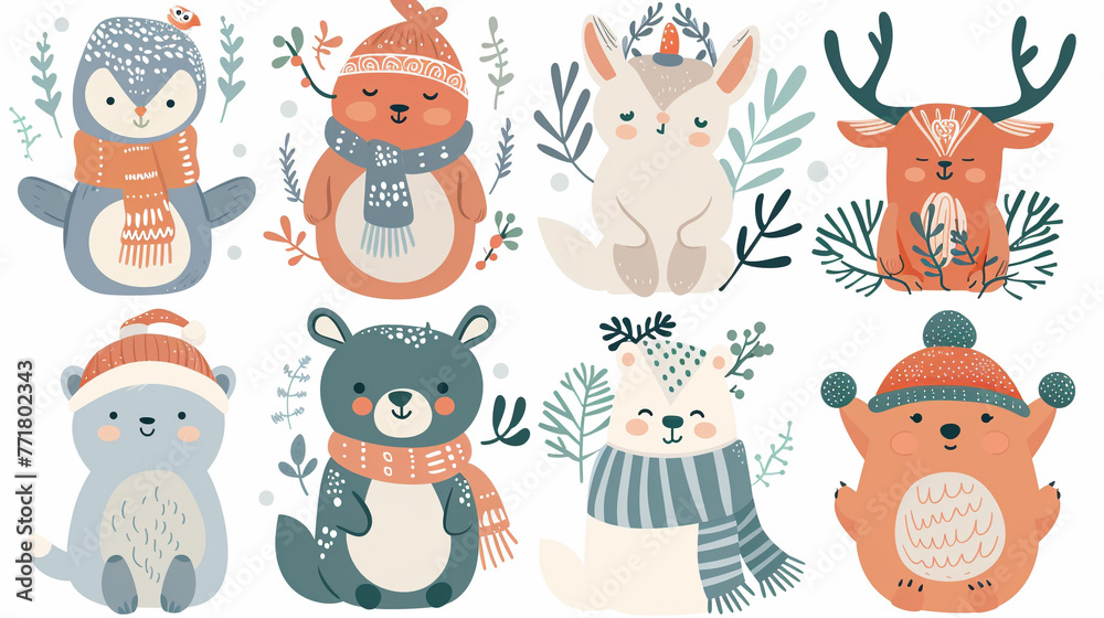Set of cute winter smiling animals. Cartoon zoo. Vector illustration. Posters for the design of children products in scandinavian style Set of cute winter smiling animals. Cartoon zoo. Vector illustration. Posters for the design of children products in scandinavian style
