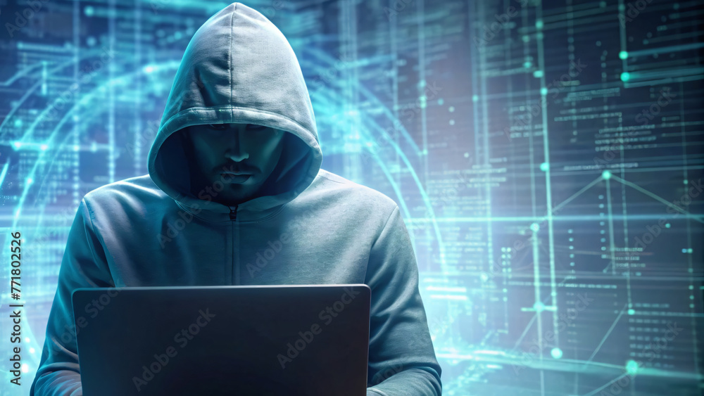 Hacker at Work: with Laptop in Office Engaged in Cyber Crime Hacker at Work: with Laptop in Office Engaged in Cyber Crime