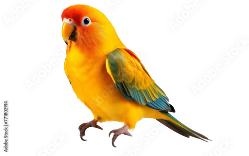 A vibrant yellow and green bird perches gracefully on a pure white background