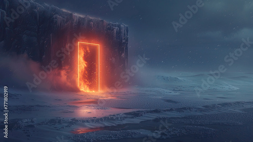 A solitary, glowing red door stands amidst a blizzard at night