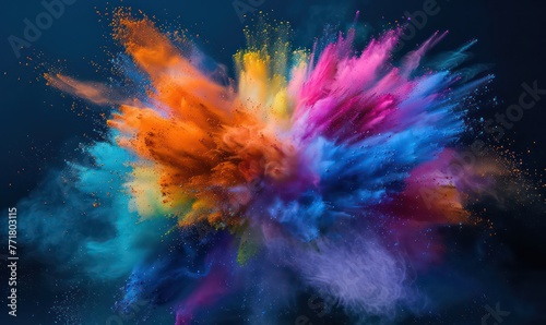 Explosion of colored powder isolated on black background. Colored powder explosion. Abstract closeup dust on backdrop. Colorful explode. Paint holi. Abstract colored background