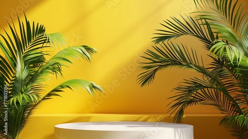 Product stand yellow background podium 3d tropical stage scene palm beauty mockup