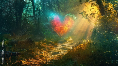 Spring background. Colorful fantasy heart, light beam, green forest field © Ibad