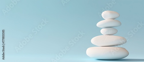 White sea pebble stone stack on light blue background