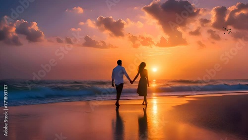 Romantic silhouette of a couple walking hand in hand on the beach at sunset, embracing the beauty of nature together. Seamless looping 4k timelapse virtual video animation background generated AI photo