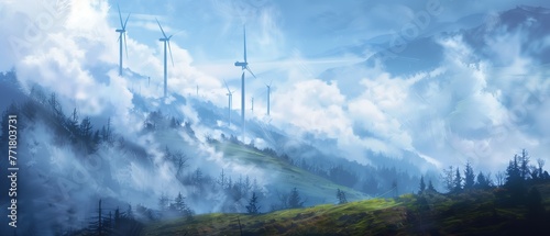 Wind generators on a cloudy ridge. Alternative ecologically clean energy photo