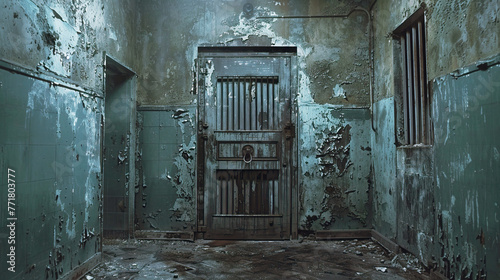 In the dimness of the decrepit hallway, an ancient, foreboding door looms, with faint whispers echoing and shadows lurking.