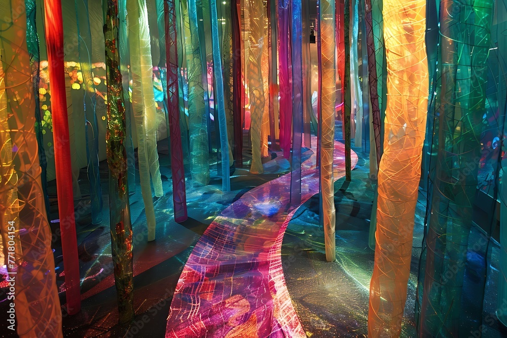 : A network of translucent pathways winds through a luminescent forest, pulsating flora illuminates the otherworldly landscape.