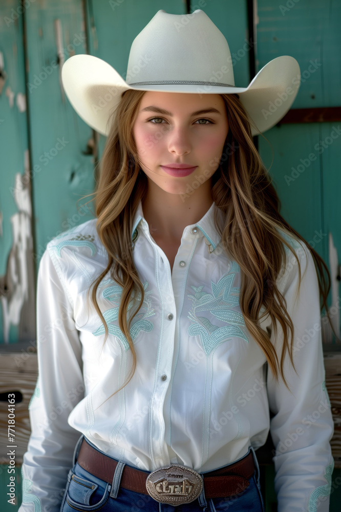 Portrait of young young american woman wearing cowboy attire, Stetson hat, embroidered shirt, long hair, teal background. Portrait of young young american woman wearing cowboy attire, Stetson hat, embroidered shirt, long hair, teal background.
