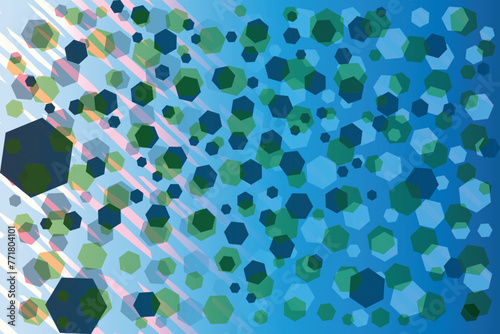 A blue and green background with many small hexagons. The circles are of different sizes and colors.  photo