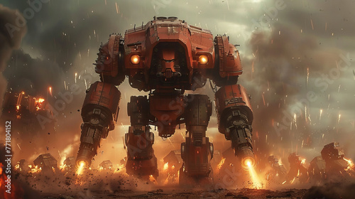 Behemoth war machine marching through a battlefield, cannons blazing and armor shining