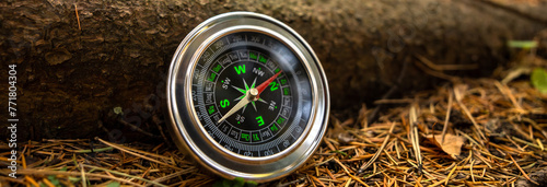 Traveler's compass on forest grass