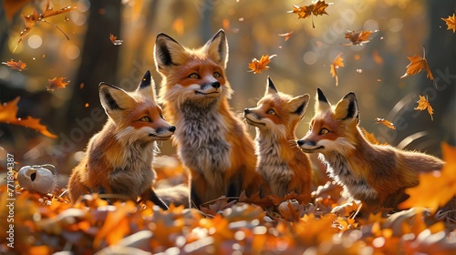 Fox family enjoying the vibrant colors of autumn, playing among fallen leaves