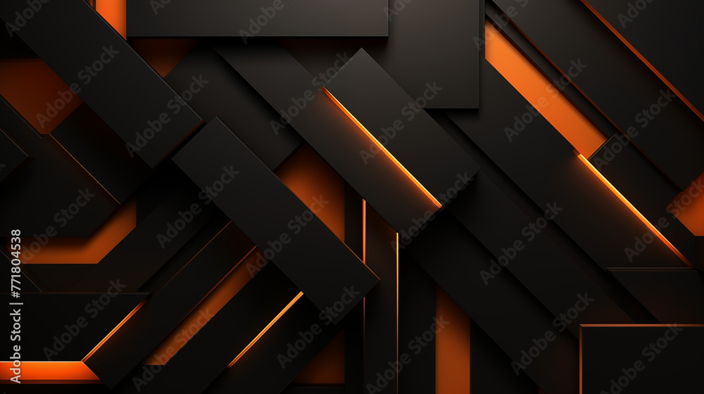 abstract background design of black and orange panels forming geometric pattern.