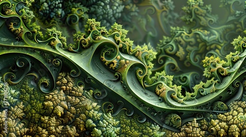 Digital art meets nature, as fern-like fractals spiral in endless patterns, mimicking a lush moss garden in emerald tones.