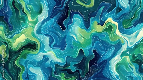 Green pattern inspired by the flowing forms of water and aquatic plants, in vibrant blues and greens