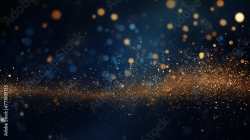 abstract background with Dark blue and gold particle. Christmas Golden light shine particles bokeh on navy blue background. Gold foil texture. Holiday concept.