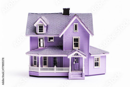 A sophisticated lavender-colored miniature house, exuding a sense of calm and tranquility, isolated on a pure white background.