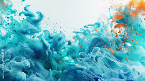 A tranquil abstract fluid ink background with turquoise and coral splashes, reminiscent of a tropical reef under clear water. 