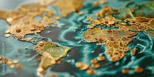 Illustration of a gold and blue paper craft world map, representing global trade with currency trails.