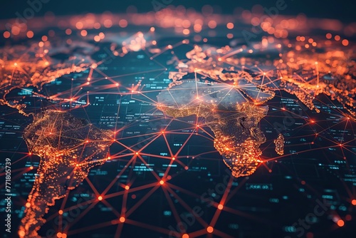 Illustration of a digital world map glowing with connections, symbolizing global data and communication networks.