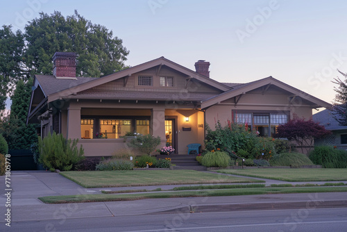 Early evening's calm descending on a taupe Craftsman style house, the suburban environment shifting from active to peaceful, warm light fading from the sky © Salar's arts