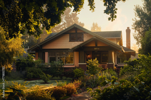 Dawn's soft glow highlighting a dusty pink Craftsman style house in a peaceful suburban neighborhood, fresh dew on the surrounding foliage, beginning of a serene day