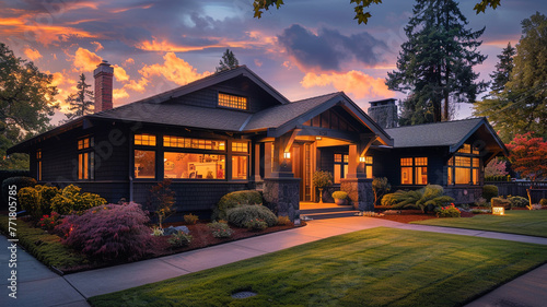 Early evening's soothing hues casting a warm light on a charcoal Craftsman style house, the suburban atmosphere shifting to evening calm, quiet and inviting