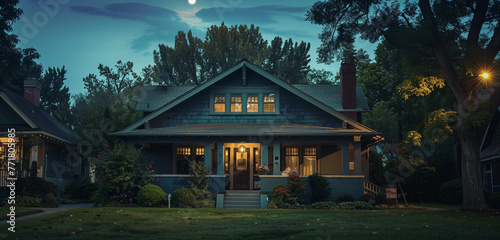 The deep quiet of a suburban night, a dusky blue Craftsman style house stands still, illuminated by the soft moonlight, tranquil and serene