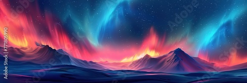This illustration captures the ethereal glow of the Northern Lights swirling above snow-covered peaks.