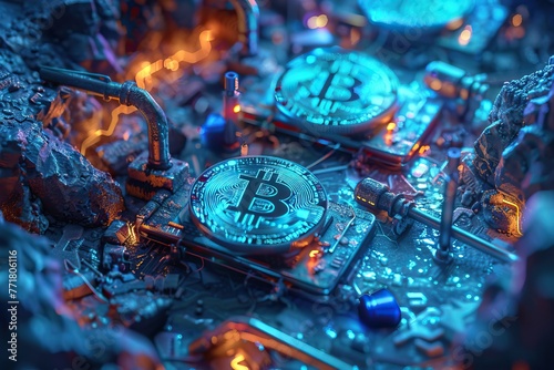 This artwork represents the cryptocurrency mining process with stylized pickaxes and Bitcoin emblems amidst a futuristic setting.