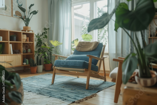 Scandinavian style soft blue living room with wooden furniture. Generative AI